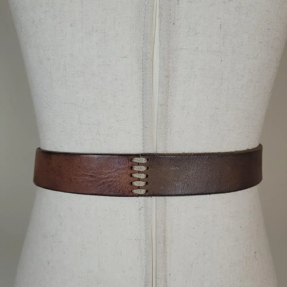 Brown Leather Belt Medium Rustic Stitched Workwear Casual Boho‎ Western Festival